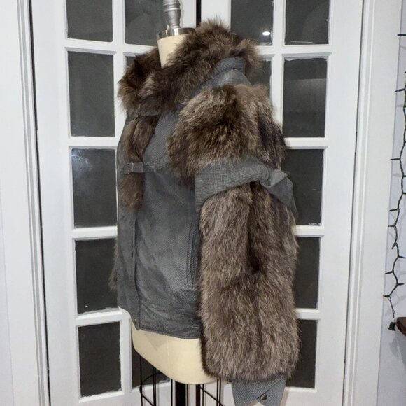 One Of A Kind Made In USA Vintage Fox Fur Jacket Silver Leather Wolverine M/L - Picture 4 of 12